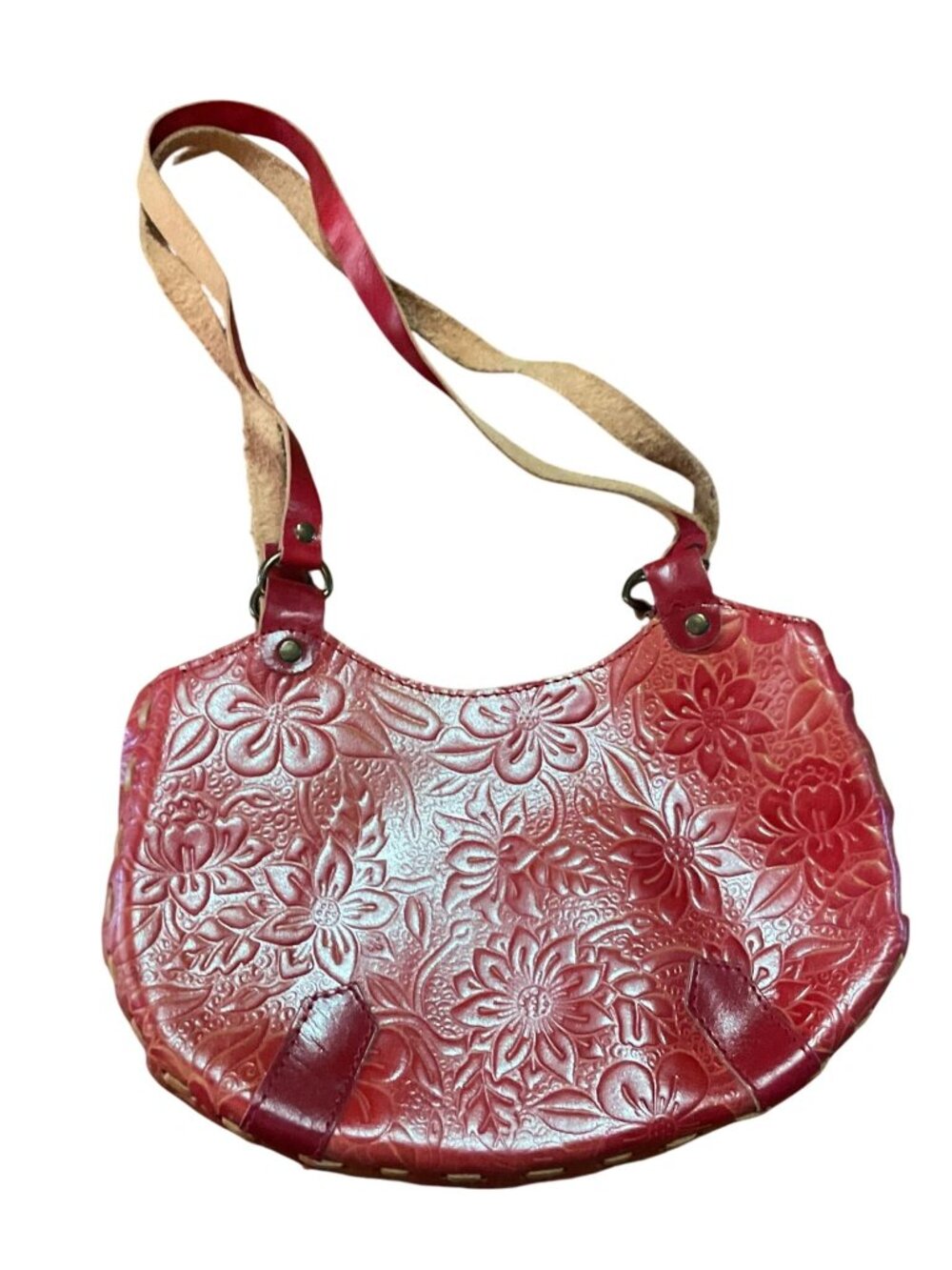 Vtg Red Floral Embossed Leather Shoulder Bag Purse With Long Strap 10"W x 6"H